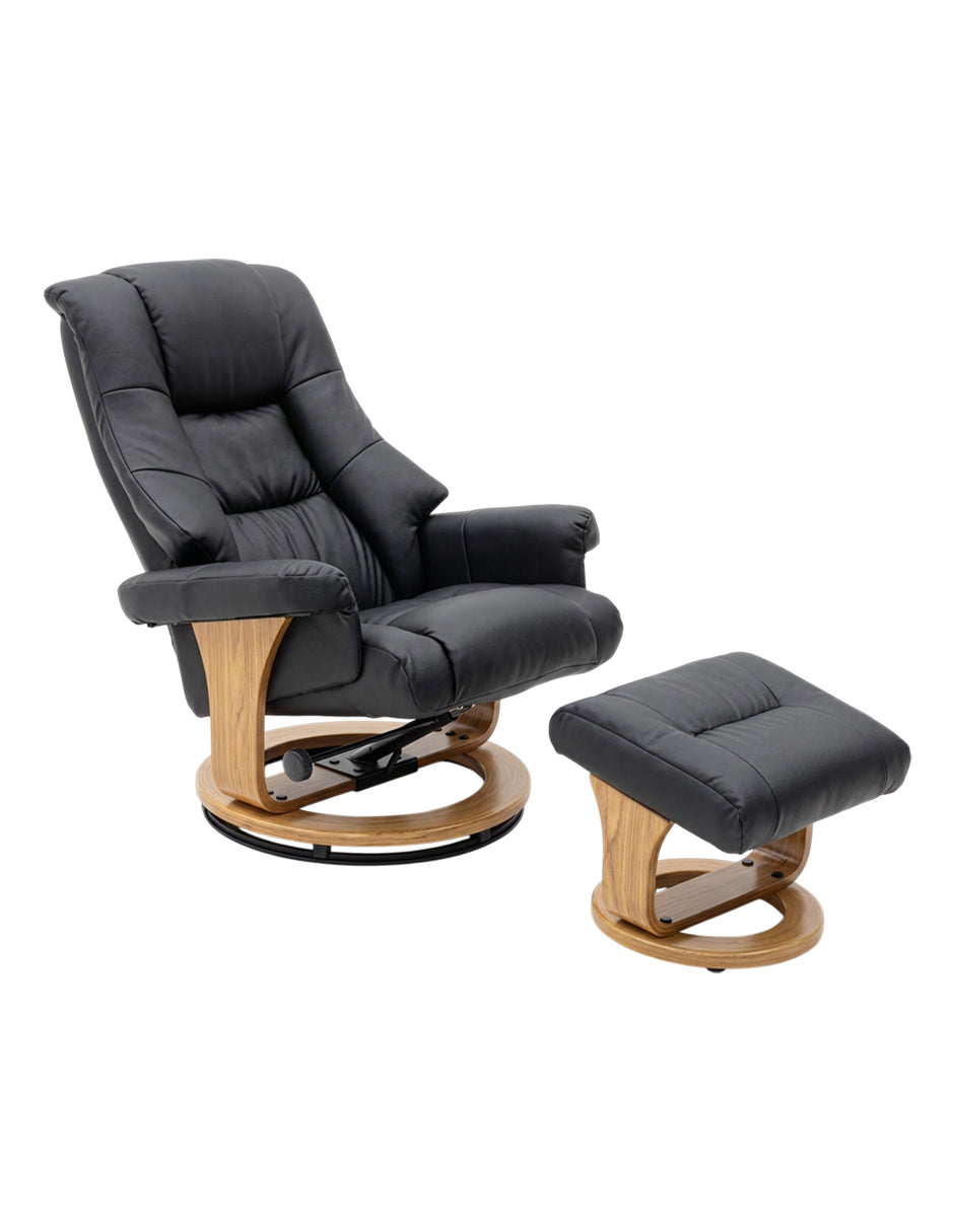 Sillón Reposet Reclinable y Giratorio París Negro de Vinipiel Ergónomico con Taburete Otomana y Base de Madera