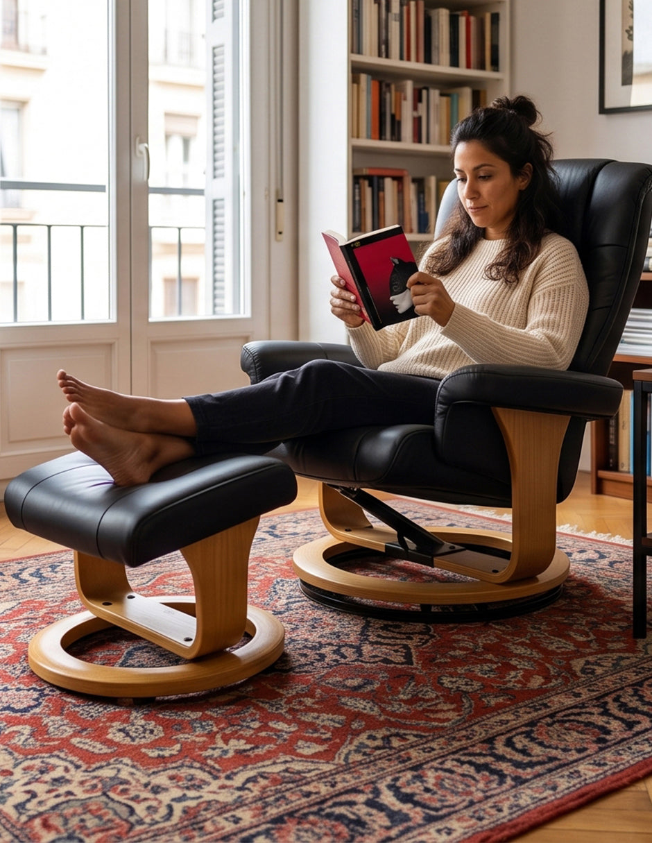 Sillón Reposet Reclinable y Giratorio París Negro de Vinipiel Ergónomico con Taburete Otomana y Base de Madera