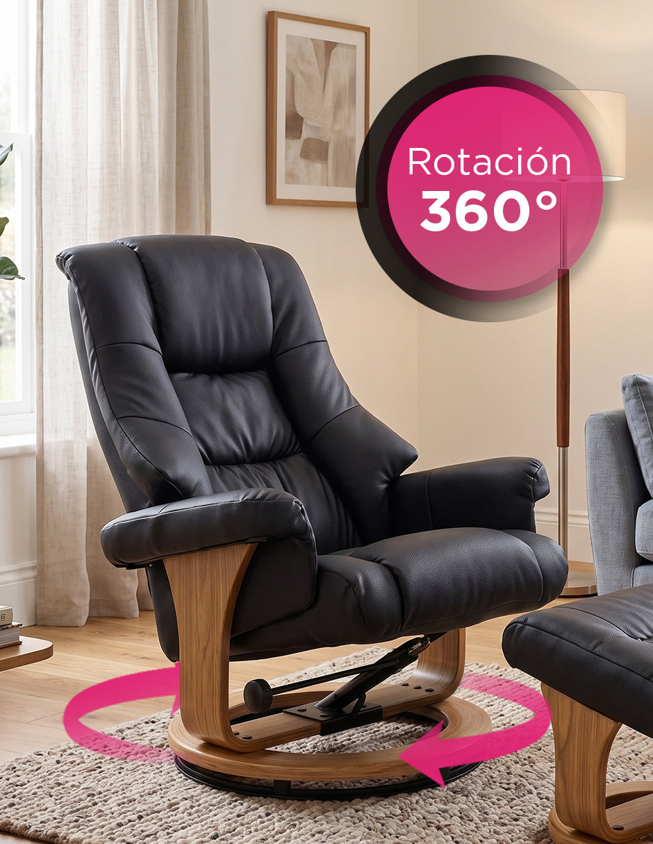 Sillón Reposet Reclinable y Giratorio París Negro de Vinipiel Ergónomico con Taburete Otomana y Base de Madera