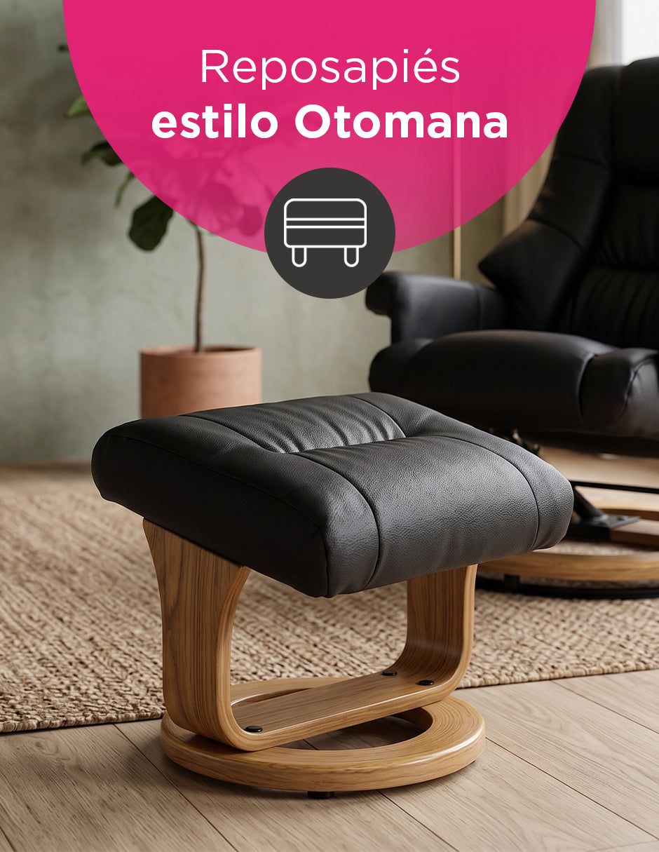 Sillón Reposet Reclinable y Giratorio París Negro de Vinipiel Ergónomico con Taburete Otomana y Base de Madera