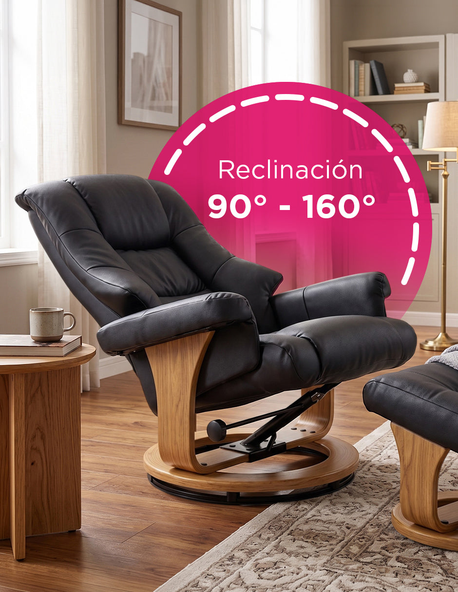 Sillón Reposet Reclinable y Giratorio París Negro de Vinipiel Ergónomico con Taburete Otomana y Base de Madera
