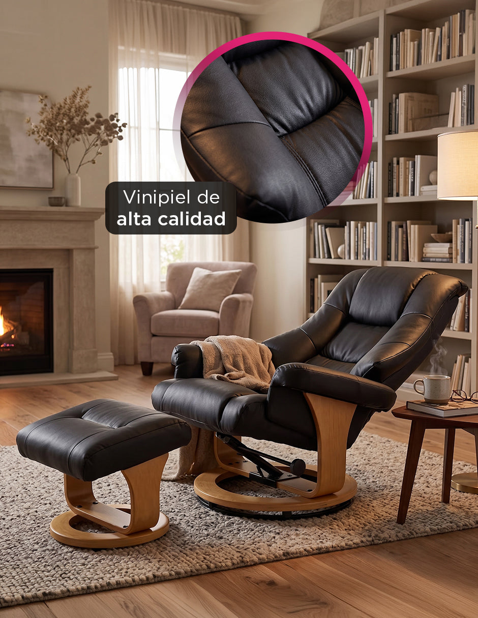 Sillón Reposet Reclinable y Giratorio París Negro de Vinipiel Ergónomico con Taburete Otomana y Base de Madera