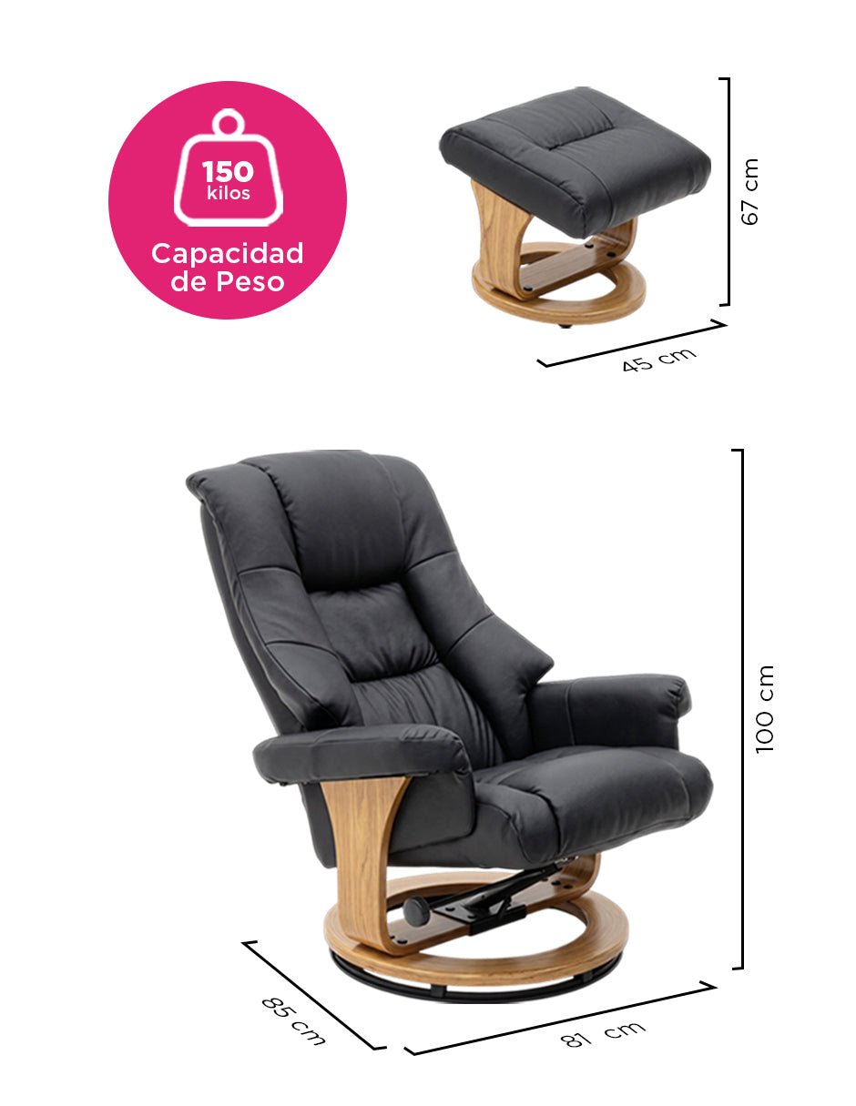 Sillón Reposet Reclinable y Giratorio París Negro de Vinipiel Ergónomico con Taburete Otomana y Base de Madera