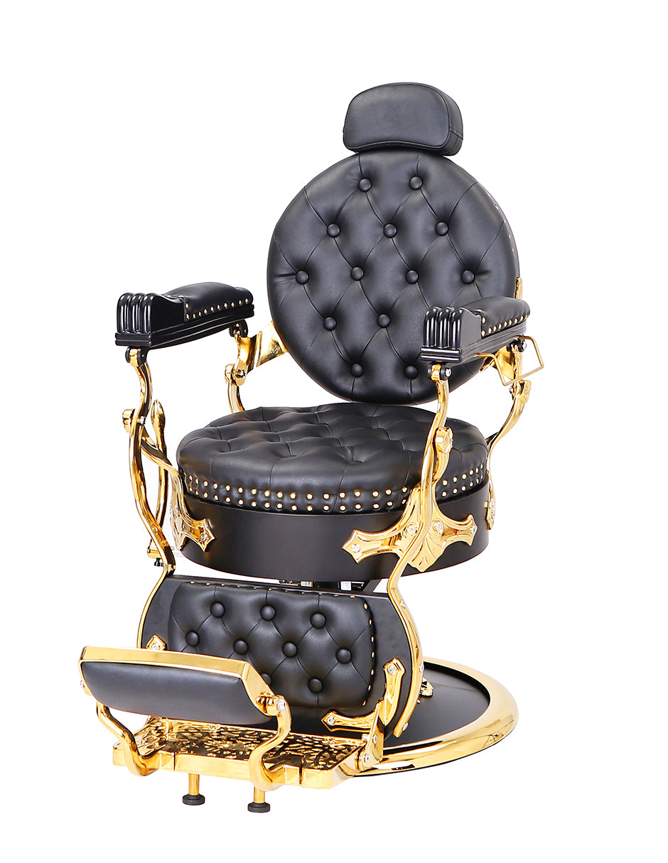 Sillón de Barbería Profesional Hidráulico Vanlig Vento Dorado - Negro Deluxe Reclinable
