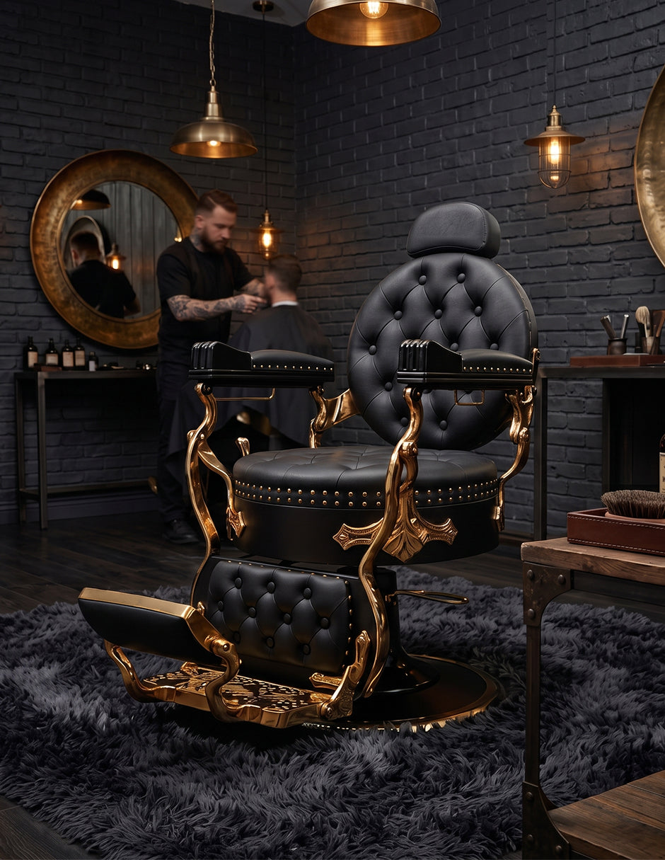 Sillón de Barbería Profesional Hidráulico Vanlig Vento Dorado - Negro Deluxe Reclinable
