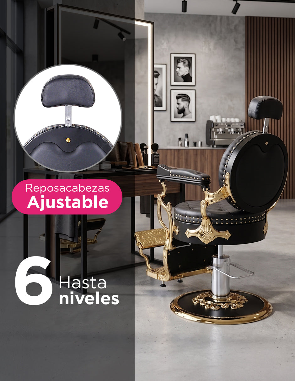 Sillón de Barbería Profesional Hidráulico Vanlig Vento Dorado - Negro Deluxe Reclinable