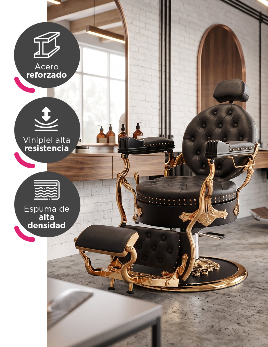 Sillón de Barbería Profesional Hidráulico Vanlig Vento Dorado - Negro Deluxe Reclinable