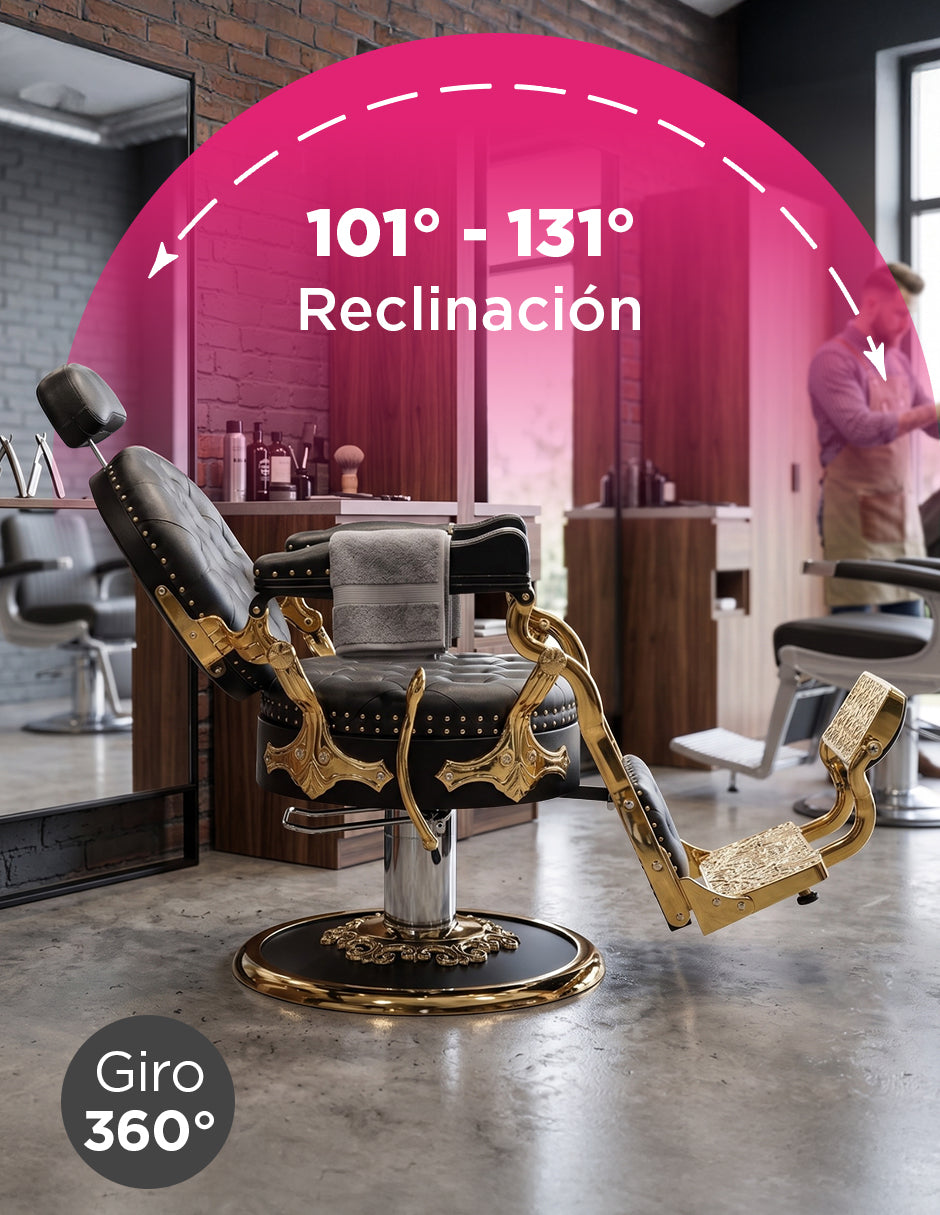 Sillón de Barbería Profesional Hidráulico Vanlig Vento Dorado - Negro Deluxe Reclinable