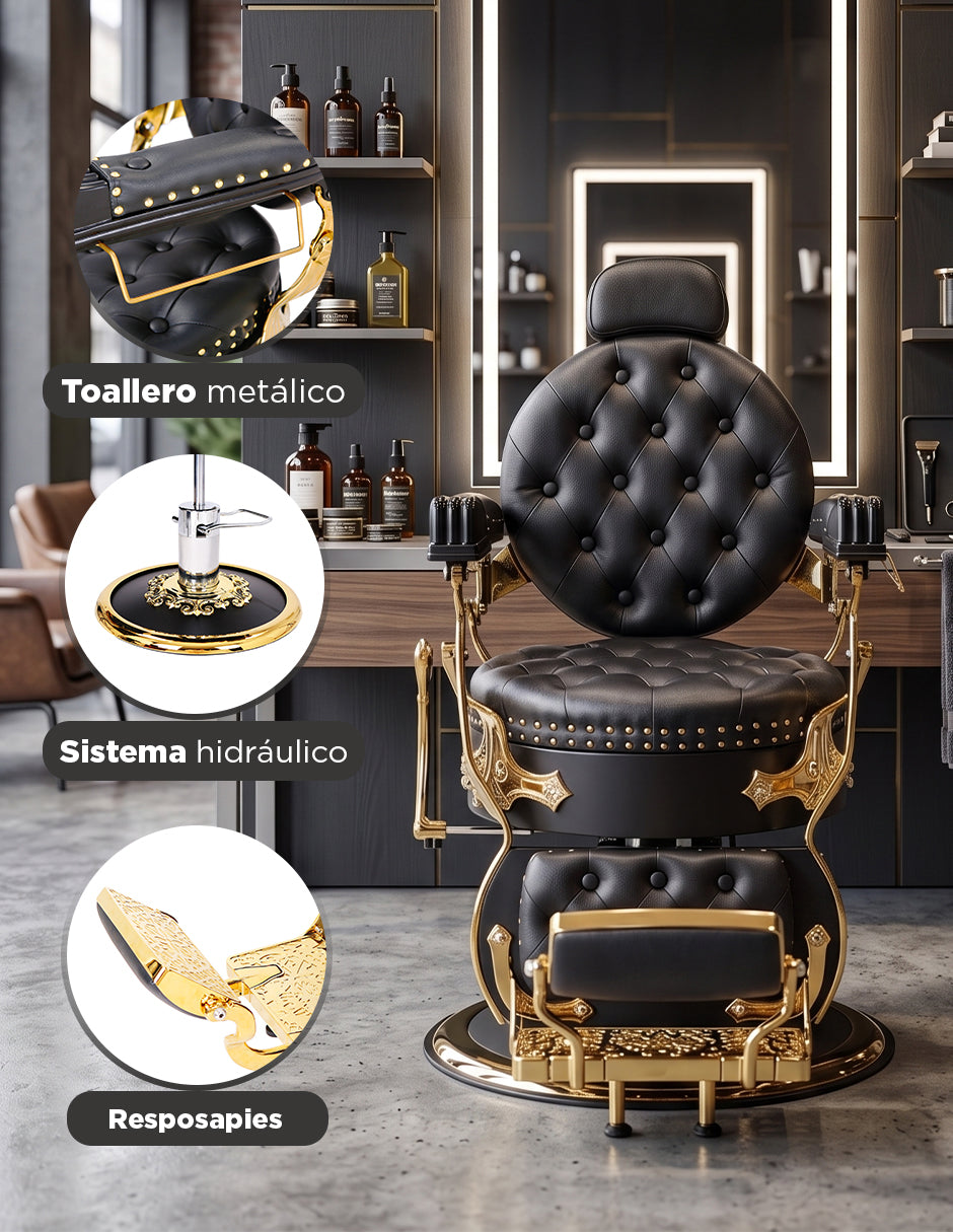 Sillón de Barbería Profesional Hidráulico Vanlig Vento Dorado - Negro Deluxe Reclinable