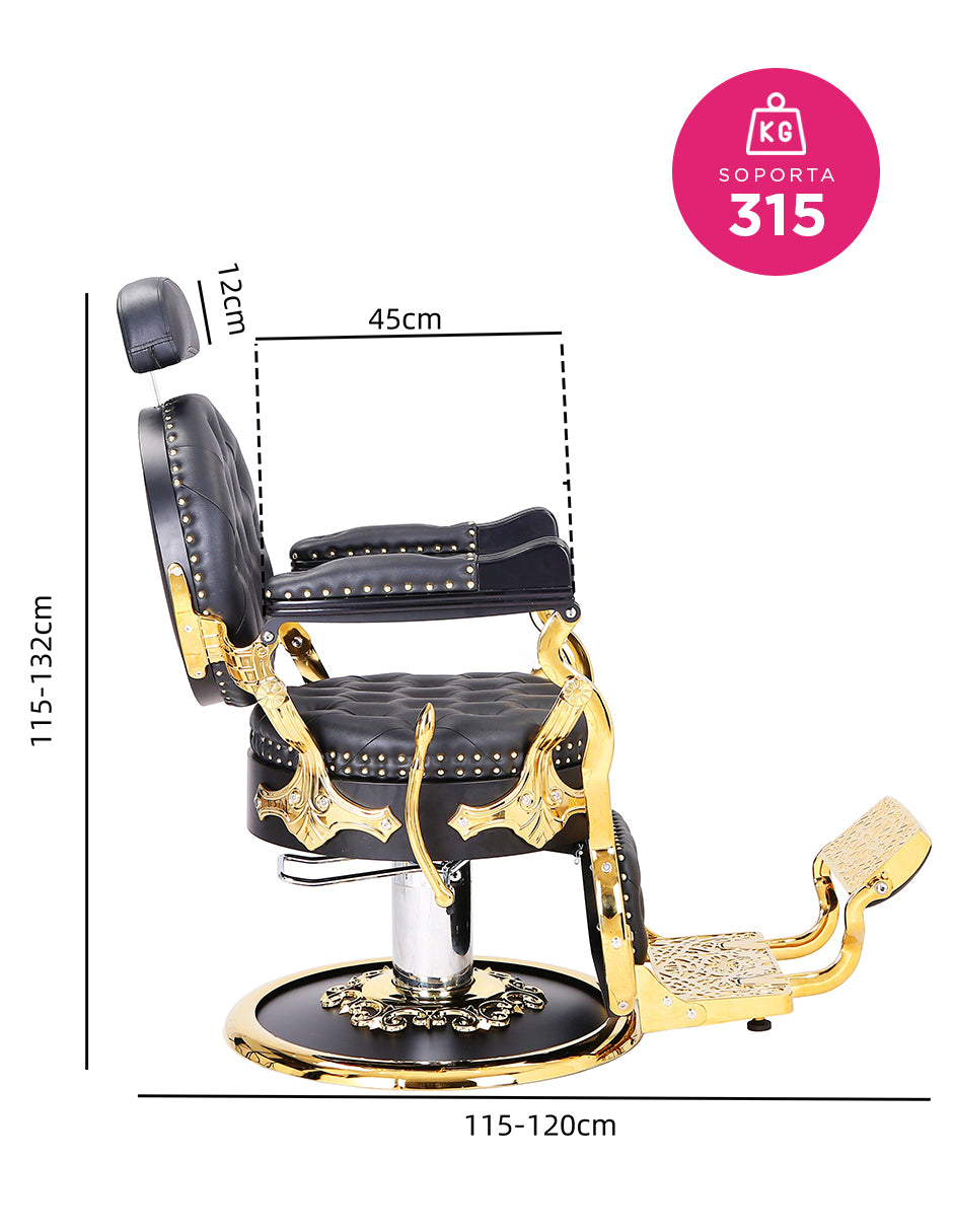 Sillón de Barbería Profesional Hidráulico Vanlig Vento Dorado - Negro Deluxe Reclinable