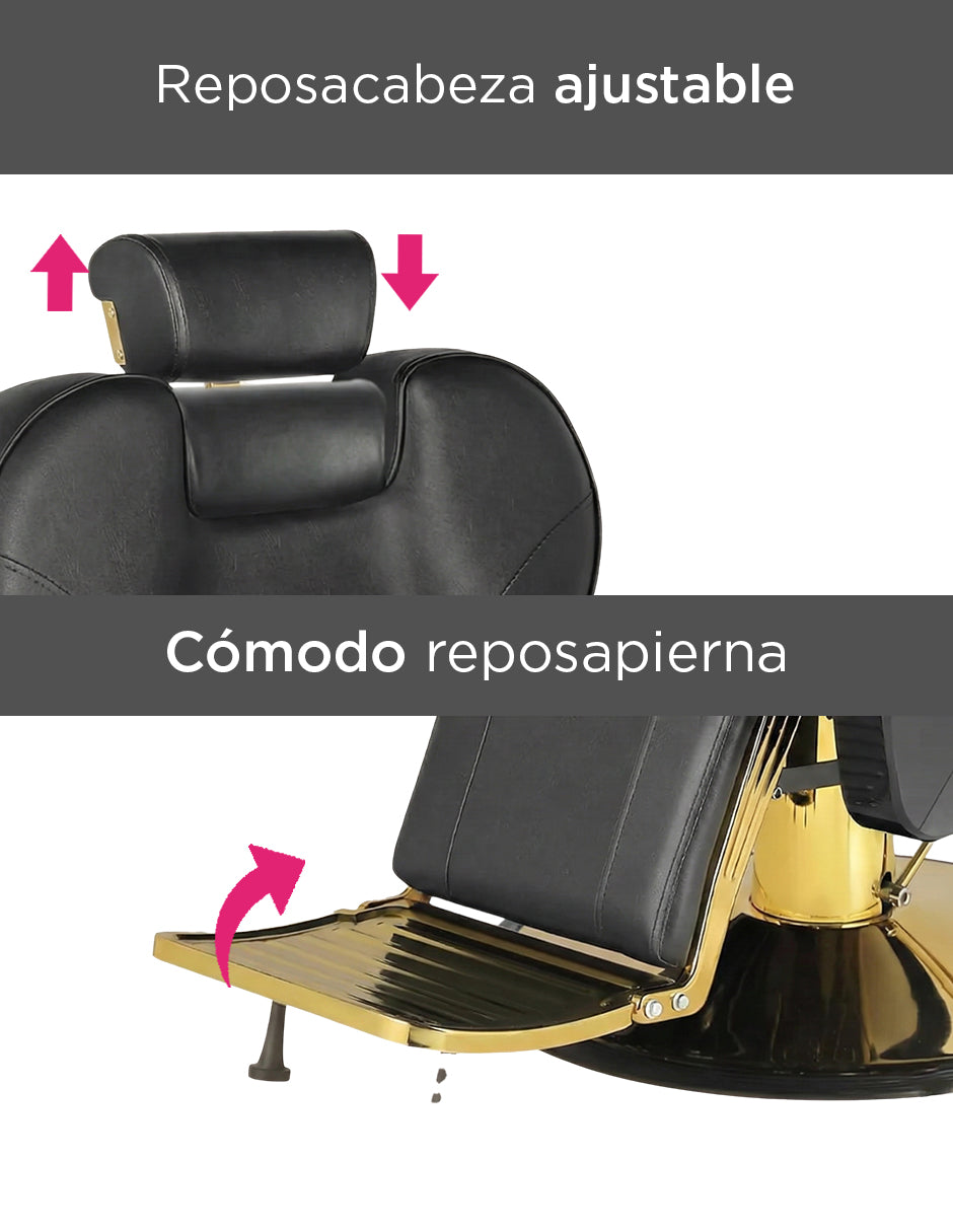 Sillón para Barbería Profesional Roma Dorado Reclinable 135° con Base Cromada