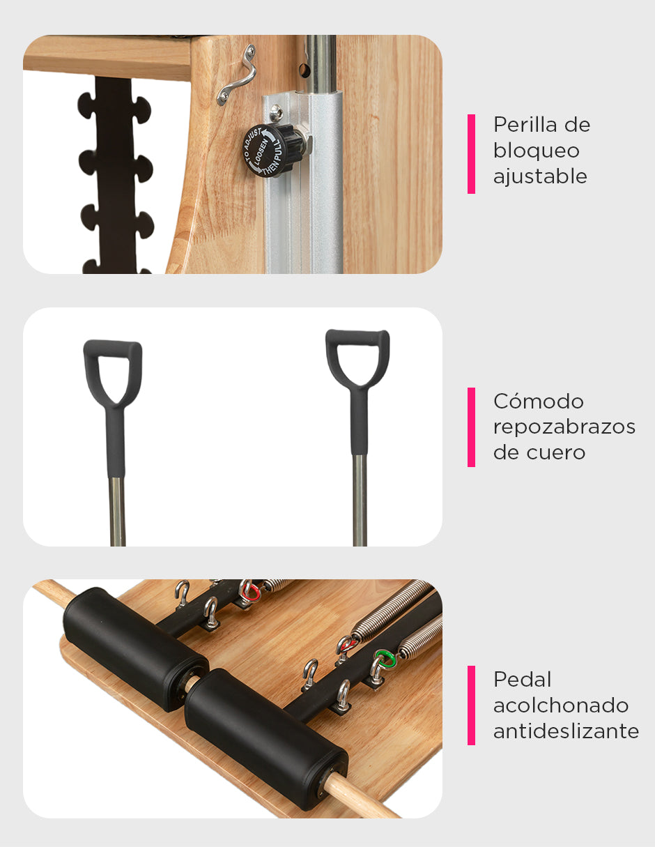 Silla Wunda de Pilates Combinada Vanlig® con Asas Regulables y Pedales Divididos de Madera