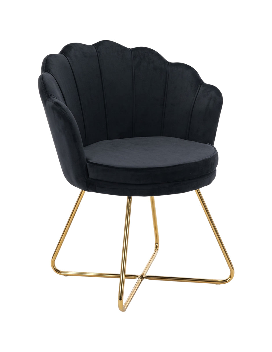 Silla de Hogar Cádiz Negra Tipo Concha con Tapizado de Terciopelo y Patas Metálicas Doradas
