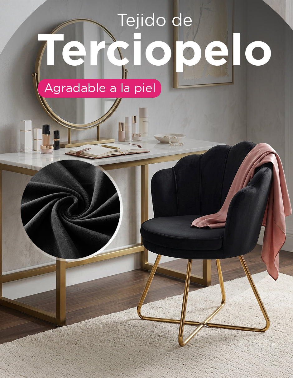Silla de Hogar Cádiz Negra Tipo Concha con Tapizado de Terciopelo y Patas Metálicas Doradas