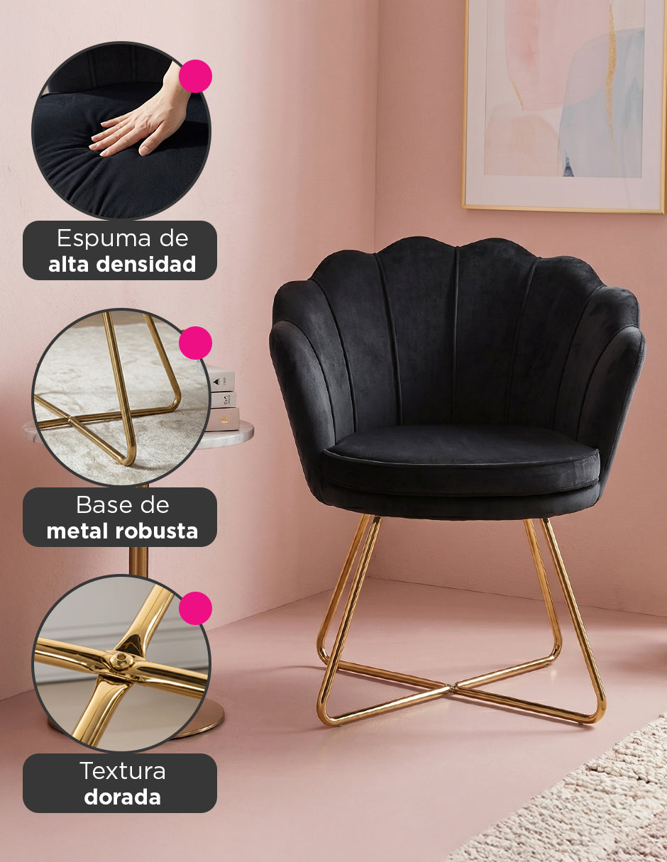Silla de Hogar Cádiz Negra Tipo Concha con Tapizado de Terciopelo y Patas Metálicas Doradas