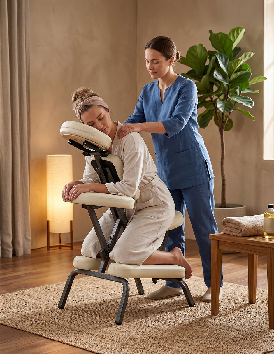 Silla de Masaje Plegable Portátil Shiatsu Blanco Soporta 150kg con Bolsa de Transporte