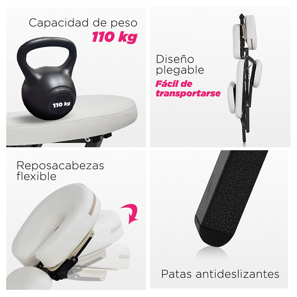 Silla de Masaje Plegable Portátil Shiatsu Blanco Soporta 150kg con Bolsa de Transporte