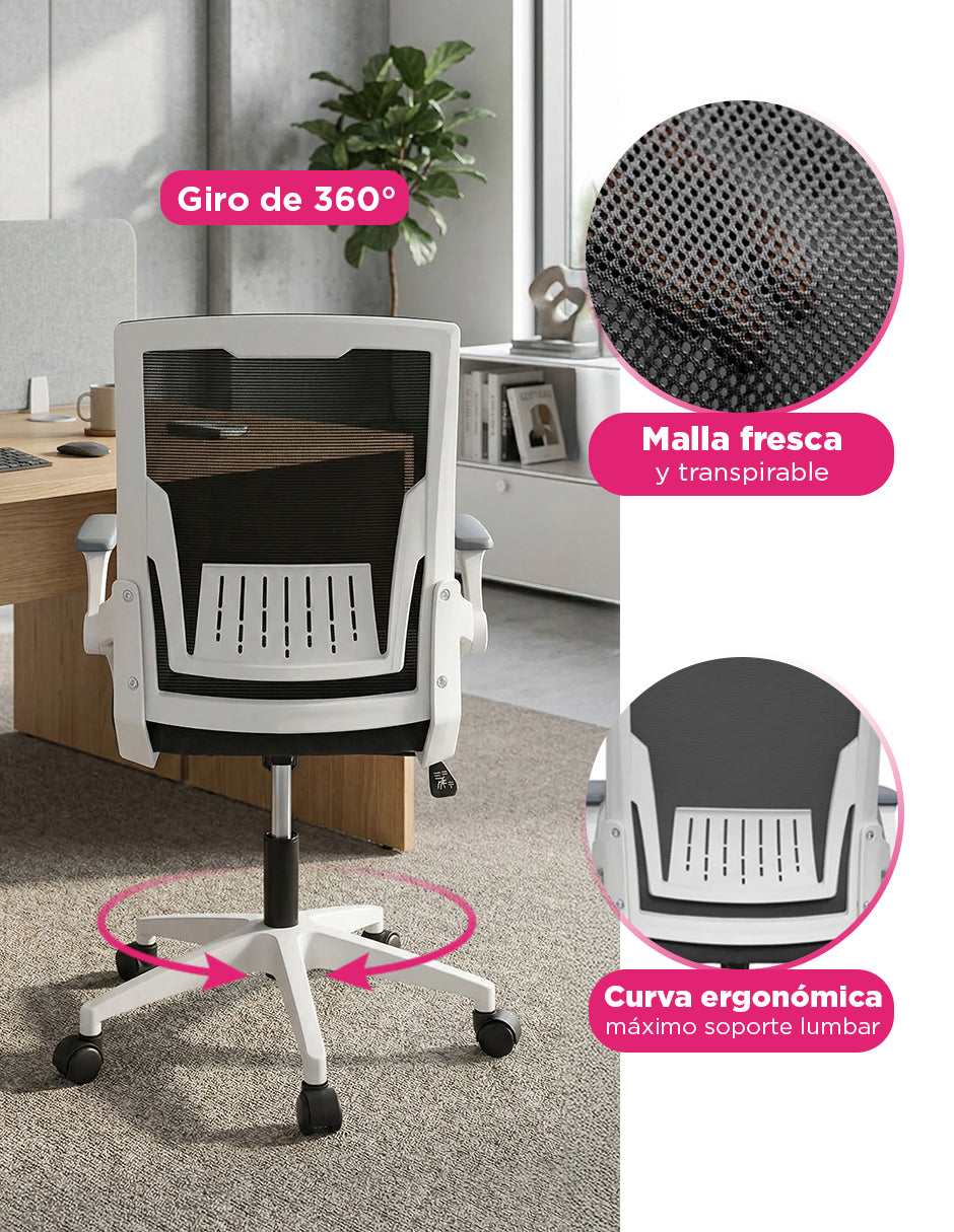 Silla de Oficina Ergonómica Malla Transpirable Reposabrazos Plegables Avalon Negra