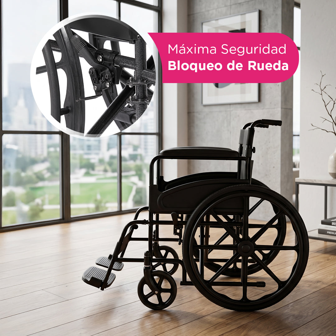 Silla de Ruedas Plegable Dubois Negra con Rin COMO Antimpacto, Puños y Reposapiés Abatibles