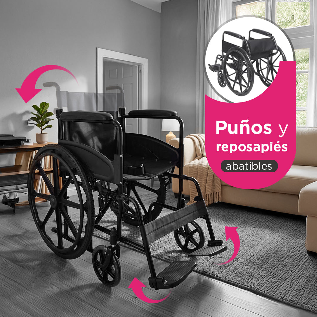 Silla de Ruedas Plegable Dubois Negra con Rin COMO Antimpacto, Puños y Reposapiés Abatibles