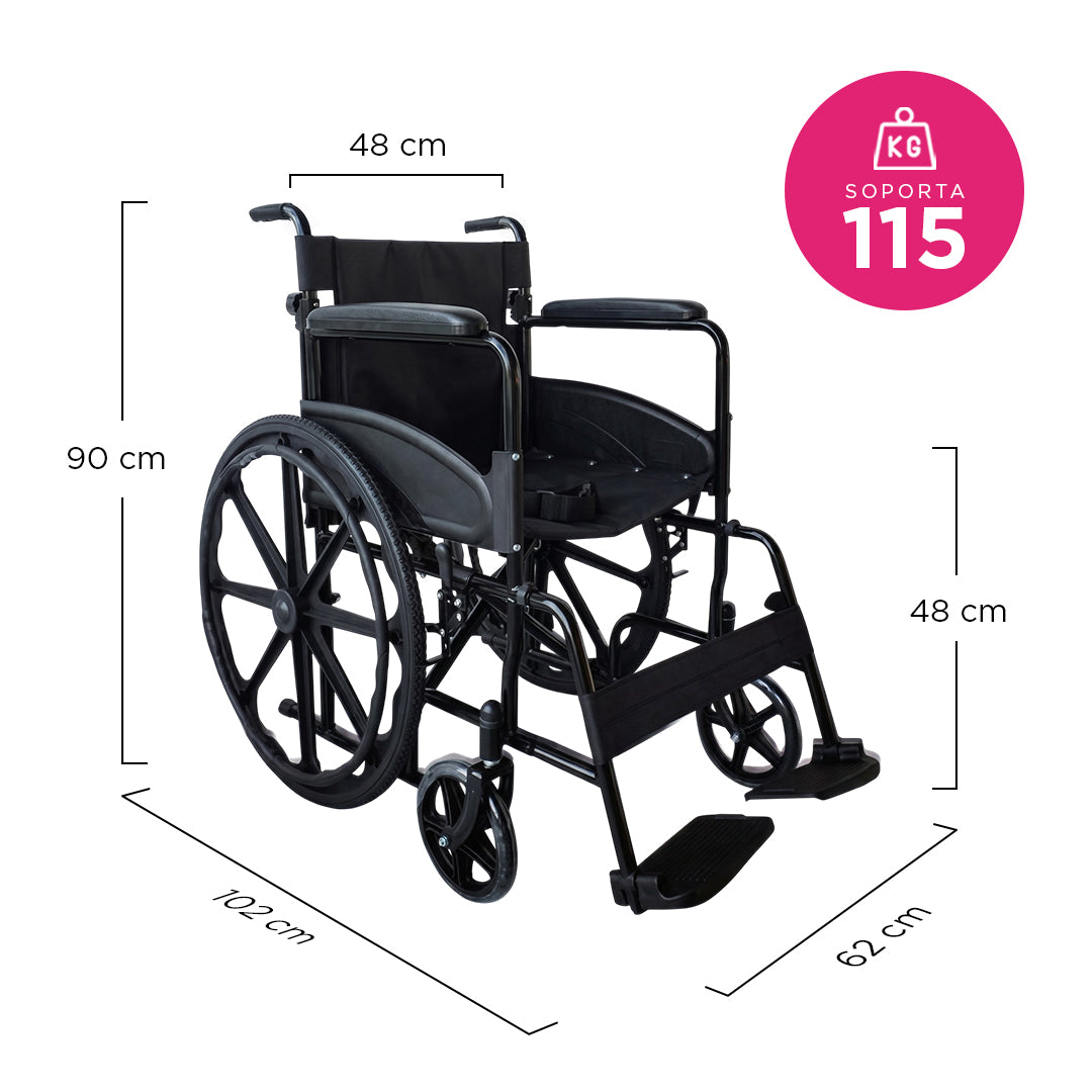 Silla de Ruedas Plegable Dubois Negra con Rin COMO Antimpacto, Puños y Reposapiés Abatibles