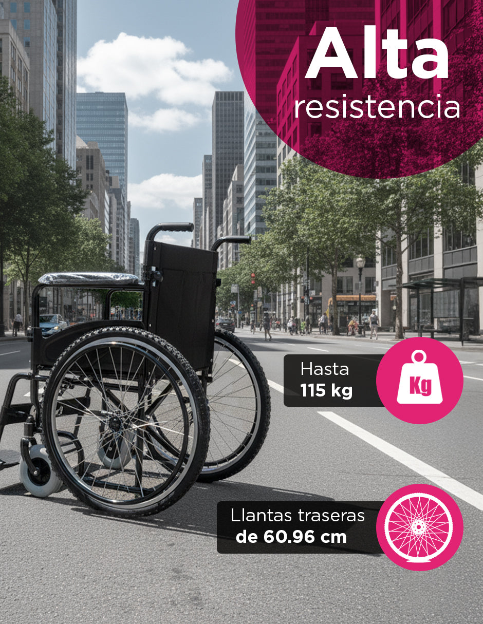 Silla de Ruedas Plegable de Lujo Uso Rudo Amber II Todo Terreno con Estructura Reforzada, Reposabrazos Fijos y Reposapies Desarmables