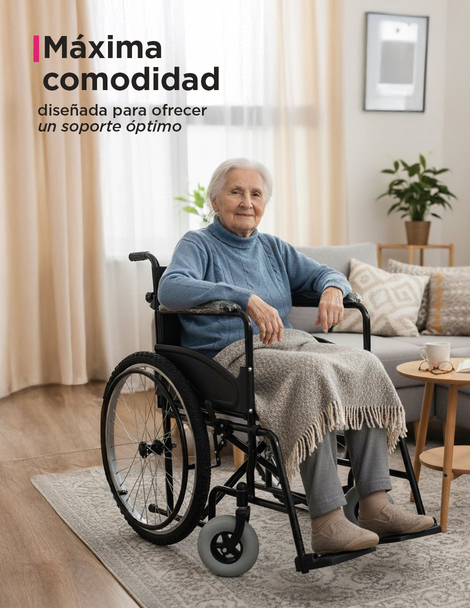 Silla de Ruedas Plegable de Lujo Uso Rudo Amber II Todo Terreno con Estructura Reforzada, Reposabrazos Fijos y Reposapies Desarmables