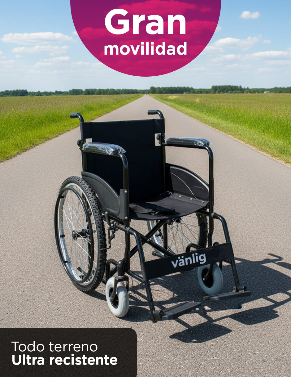 Silla de Ruedas Plegable de Lujo Uso Rudo Amber II Todo Terreno con Estructura Reforzada, Reposabrazos Fijos y Reposapies Desarmables