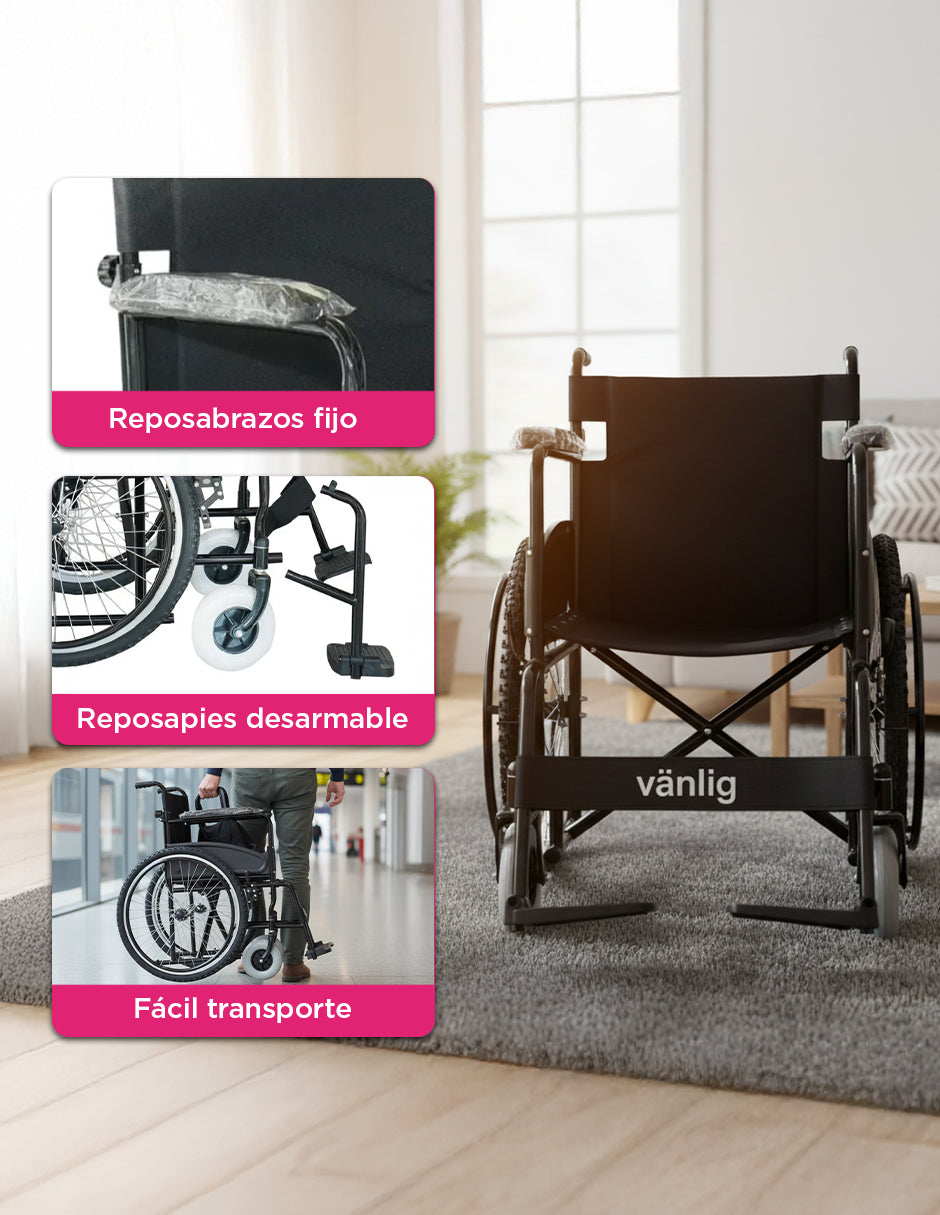Silla de Ruedas Plegable de Lujo Uso Rudo Amber II Todo Terreno con Estructura Reforzada, Reposabrazos Fijos y Reposapies Desarmables