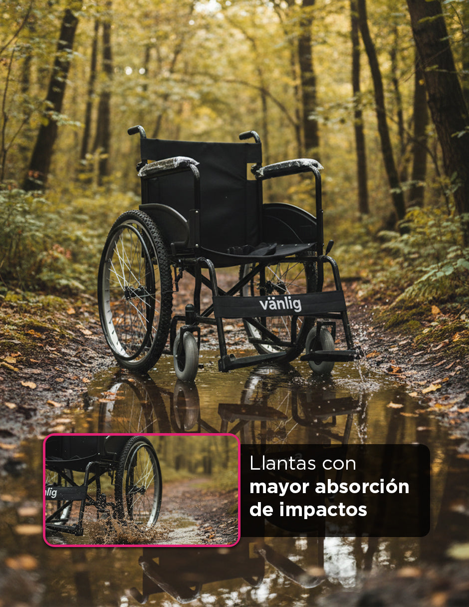 Silla de Ruedas Plegable de Lujo Uso Rudo Amber II Todo Terreno con Estructura Reforzada, Reposabrazos Fijos y Reposapies Desarmables