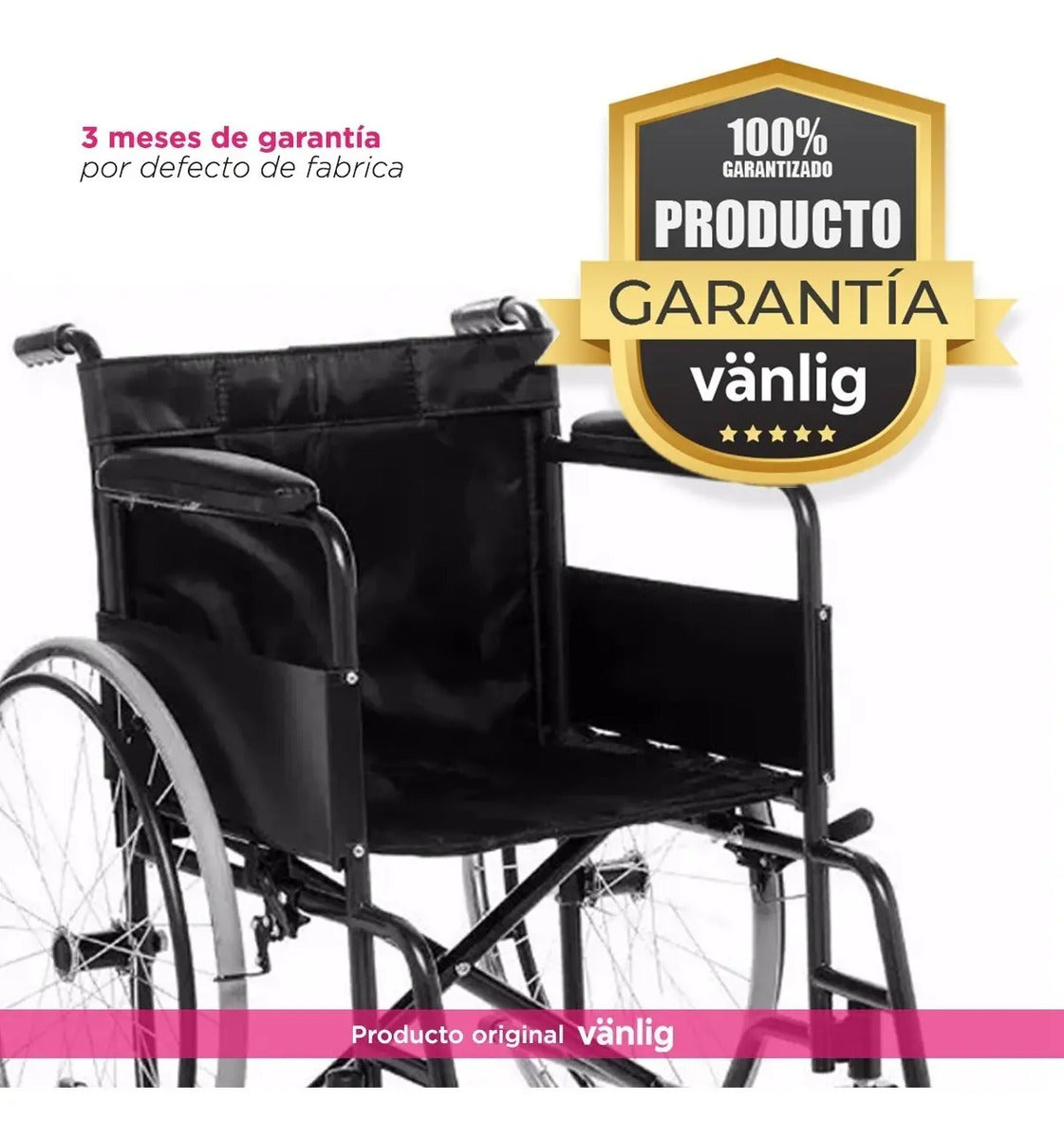 Silla de Ruedas Sólida Plegable Marson de Acero Ligera en Color Negro con Frenos de Autobloqueo 18 Pulgadas