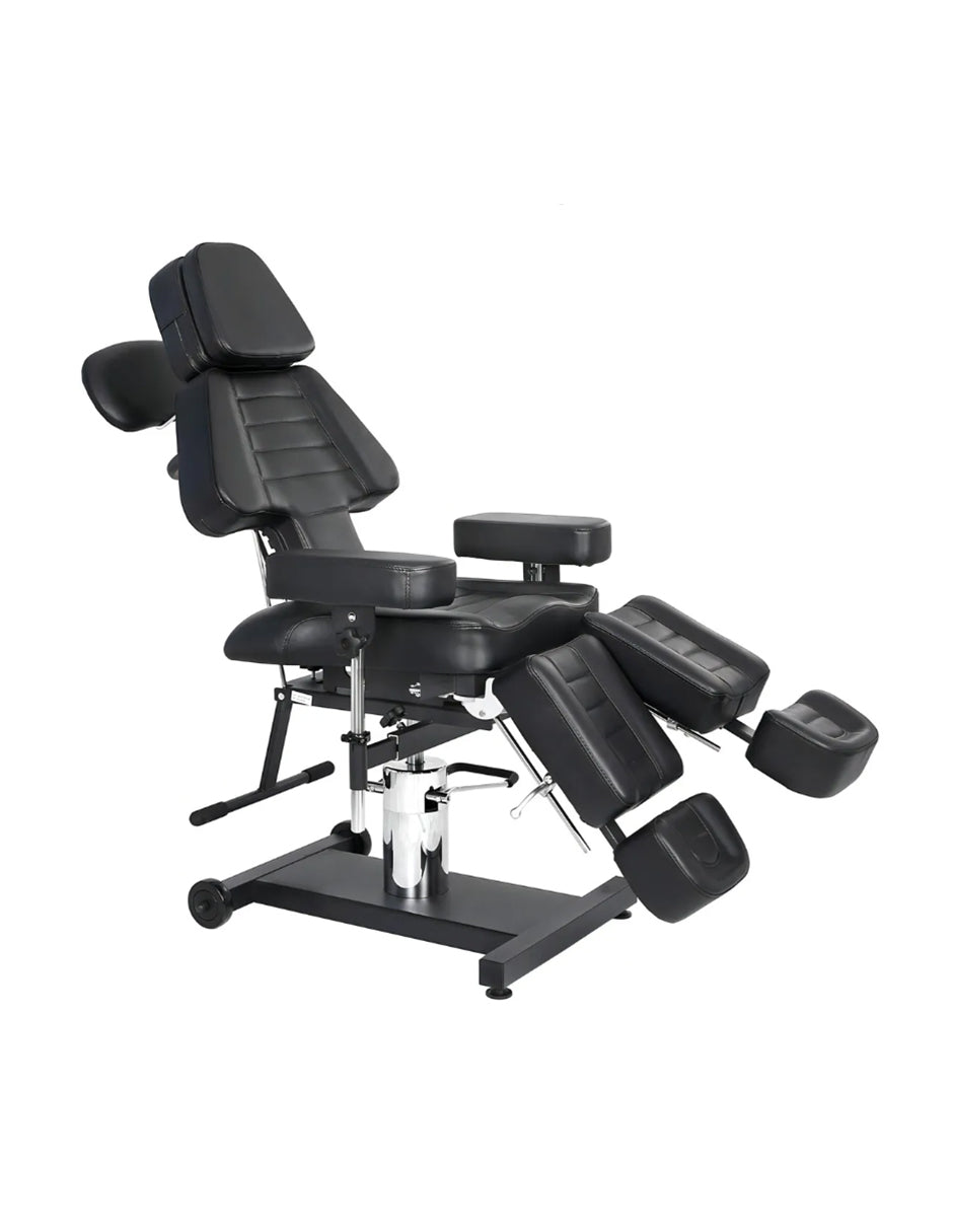 Sillón Camilla para Tatuajes Manila Multiposición Hidráulico Reclinable 180° en Piel Sintética Negra con Base Giratoria