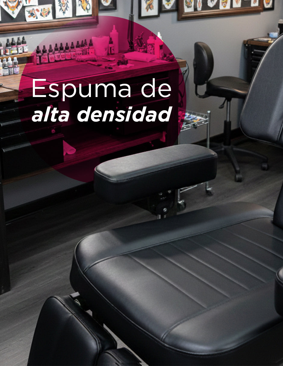 Sillón Camilla para Tatuajes Manila Multiposición Hidráulico Reclinable 180° en Piel Sintética Negra con Base Giratoria