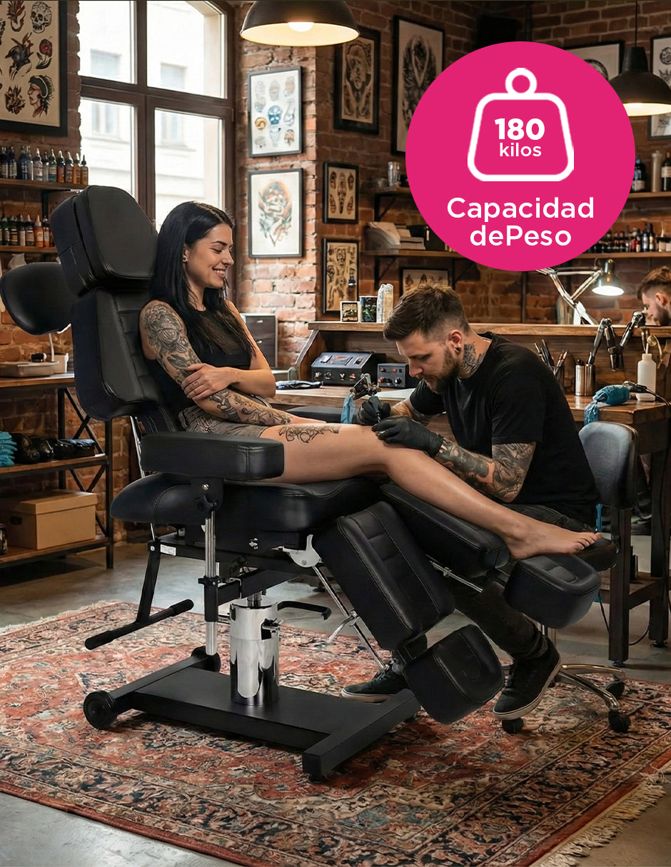 Sillón Camilla para Tatuajes Manila Multiposición Hidráulico Reclinable 180° en Piel Sintética Negra con Base Giratoria