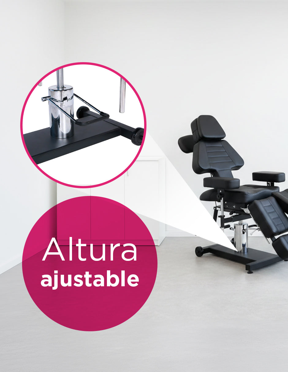Sillón Camilla para Tatuajes Manila Multiposición Hidráulico Reclinable 180° en Piel Sintética Negra con Base Giratoria