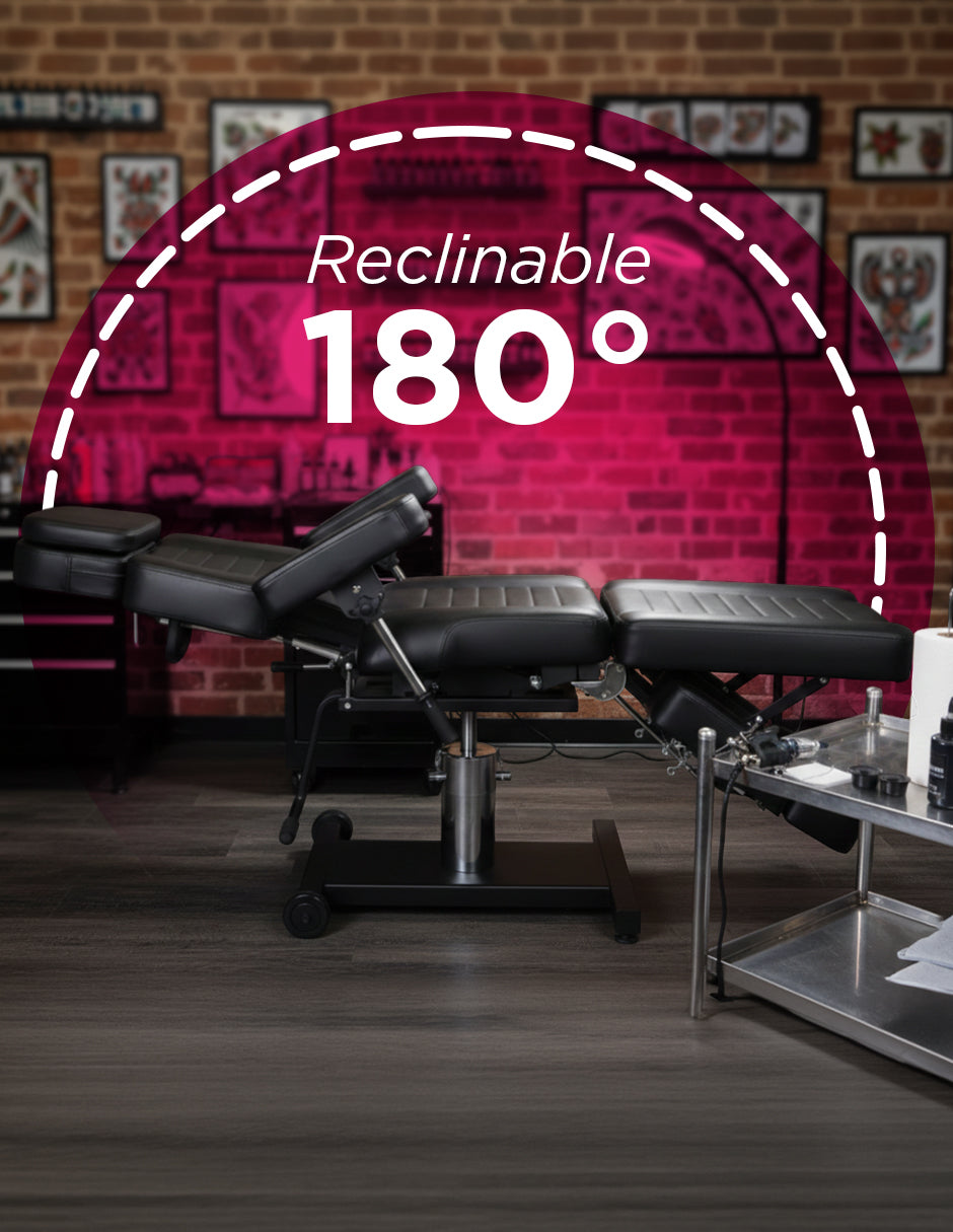 Sillón Camilla para Tatuajes Manila Multiposición Hidráulico Reclinable 180° en Piel Sintética Negra con Base Giratoria