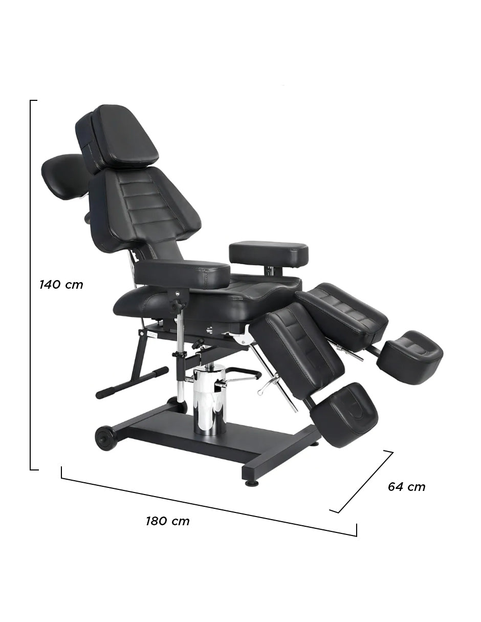 Sillón Camilla para Tatuajes Manila Multiposición Hidráulico Reclinable 180° en Piel Sintética Negra con Base Giratoria
