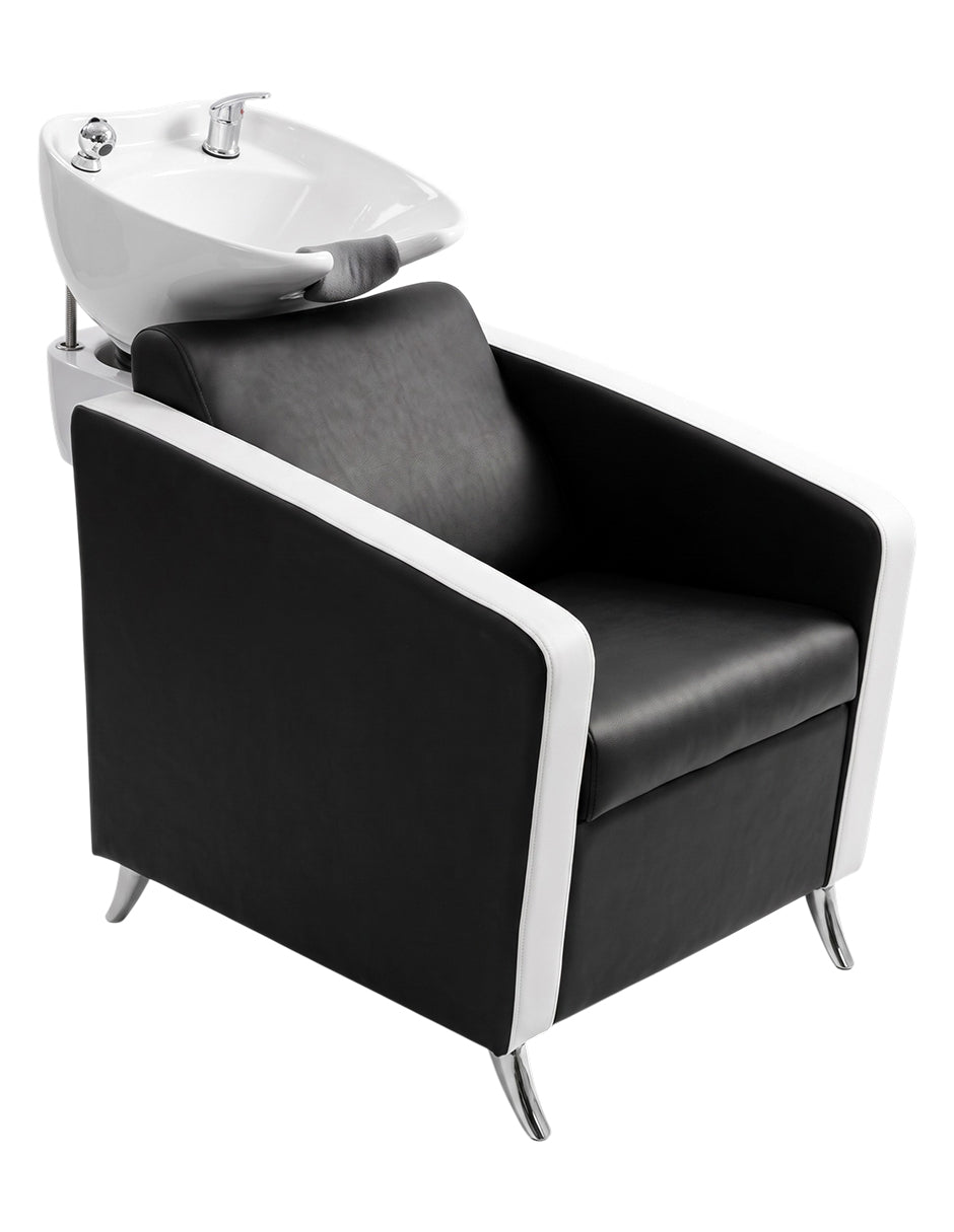 Sillón Lavacabezas Livia Bicolor para Salón de Belleza con Tarja Ajustable de Cerámica y Tapizado de Vinipiel Ergónomico