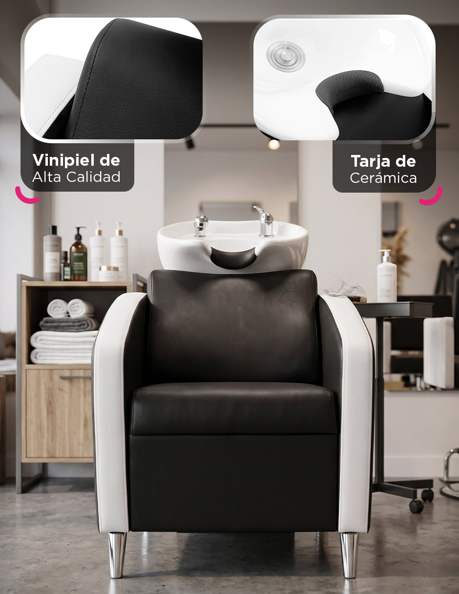 Sillón Lavacabezas Livia Bicolor para Salón de Belleza con Tarja Ajustable de Cerámica y Tapizado de Vinipiel Ergónomico