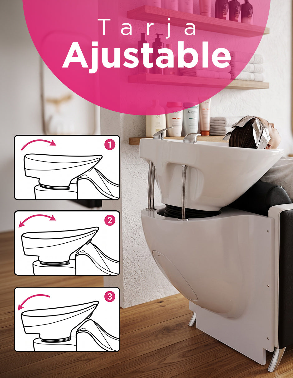 Sillón Lavacabezas Livia Bicolor para Salón de Belleza con Tarja Ajustable de Cerámica y Tapizado de Vinipiel Ergónomico