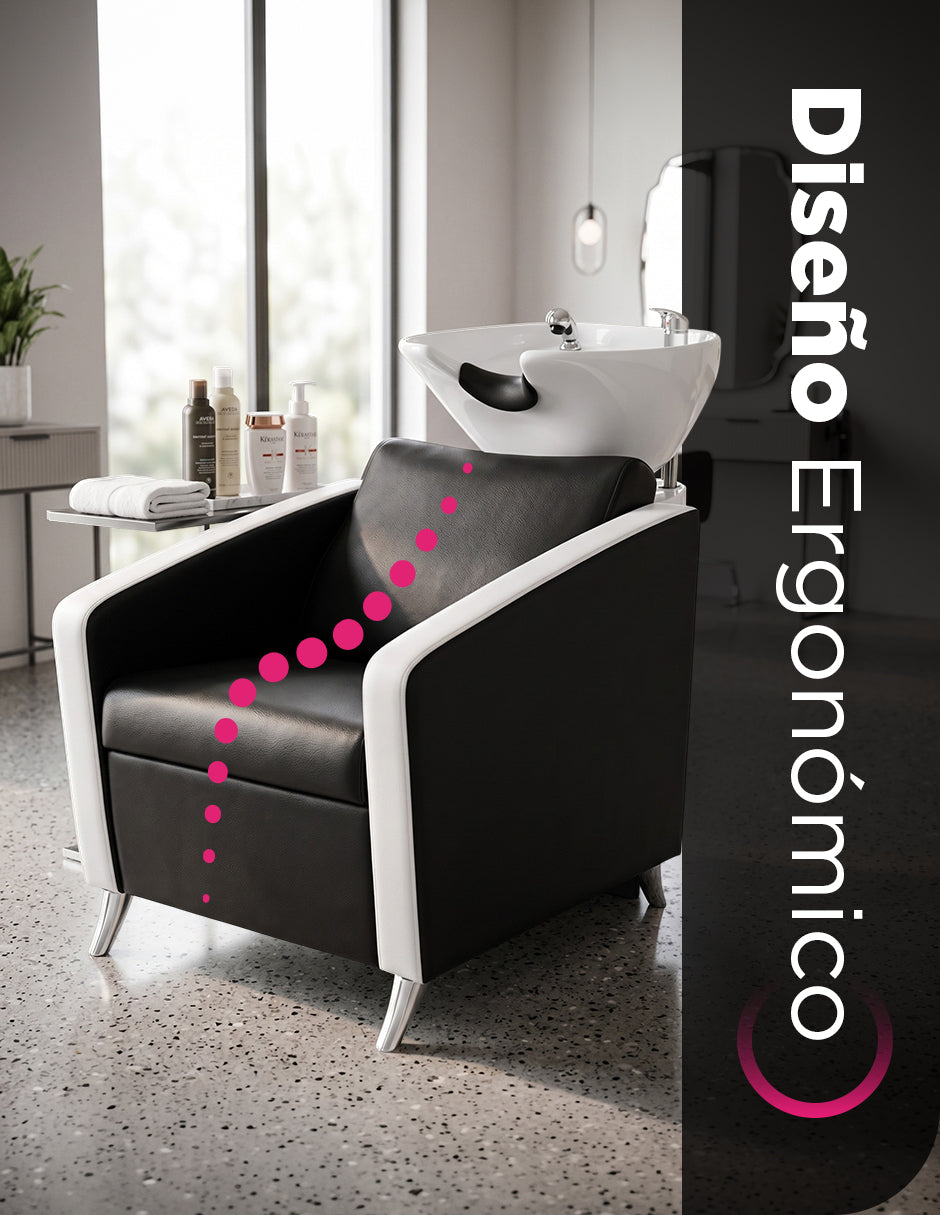 Sillón Lavacabezas Livia Bicolor para Salón de Belleza con Tarja Ajustable de Cerámica y Tapizado de Vinipiel Ergónomico