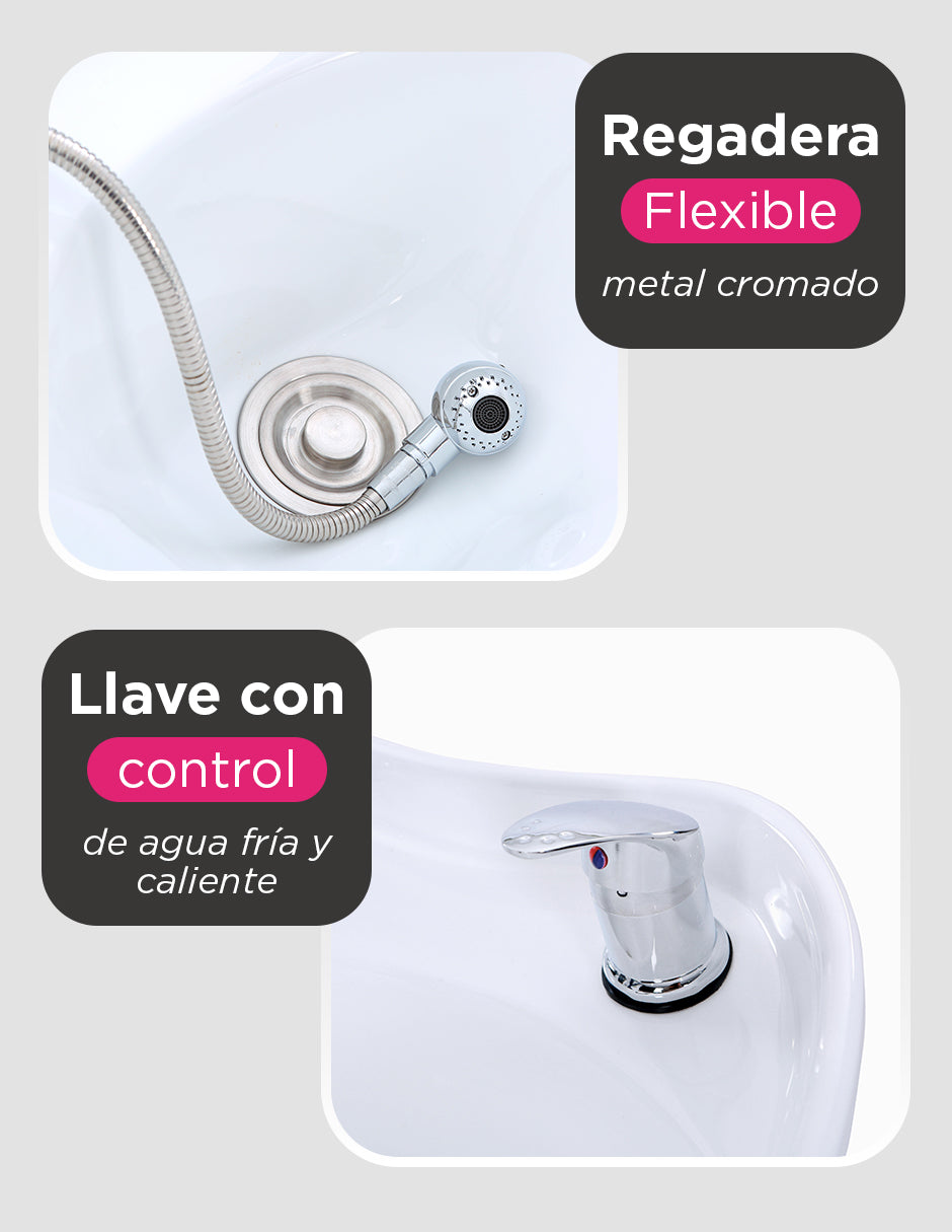 Sillón Lavacabezas Livia Bicolor para Salón de Belleza con Tarja Ajustable de Cerámica y Tapizado de Vinipiel Ergónomico