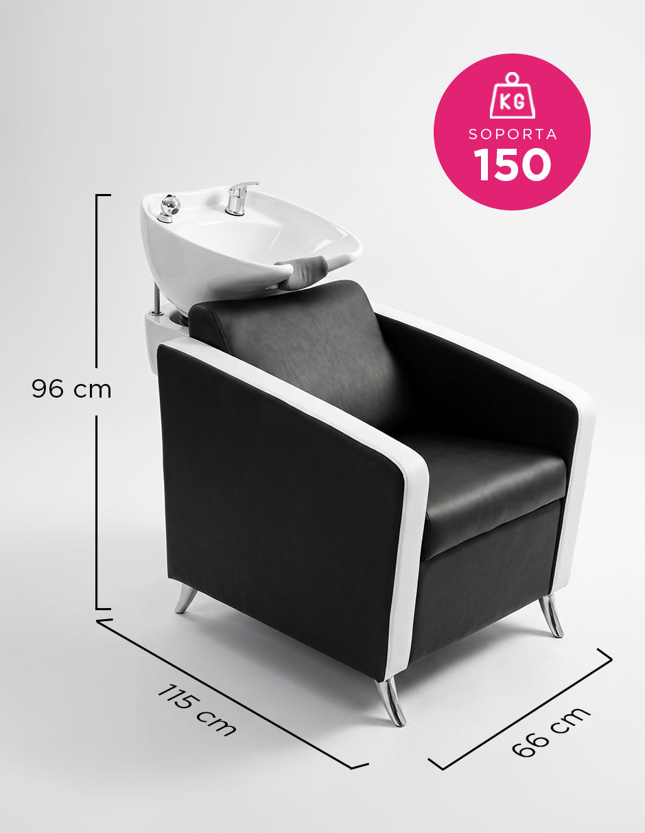 Sillón Lavacabezas Livia Bicolor para Salón de Belleza con Tarja Ajustable de Cerámica y Tapizado de Vinipiel Ergónomico