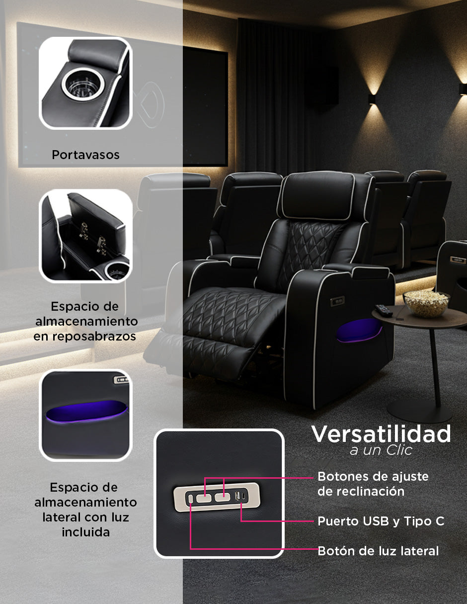 Sillón Reposet Negro Eléctrico Siegen con USB y Portavasos