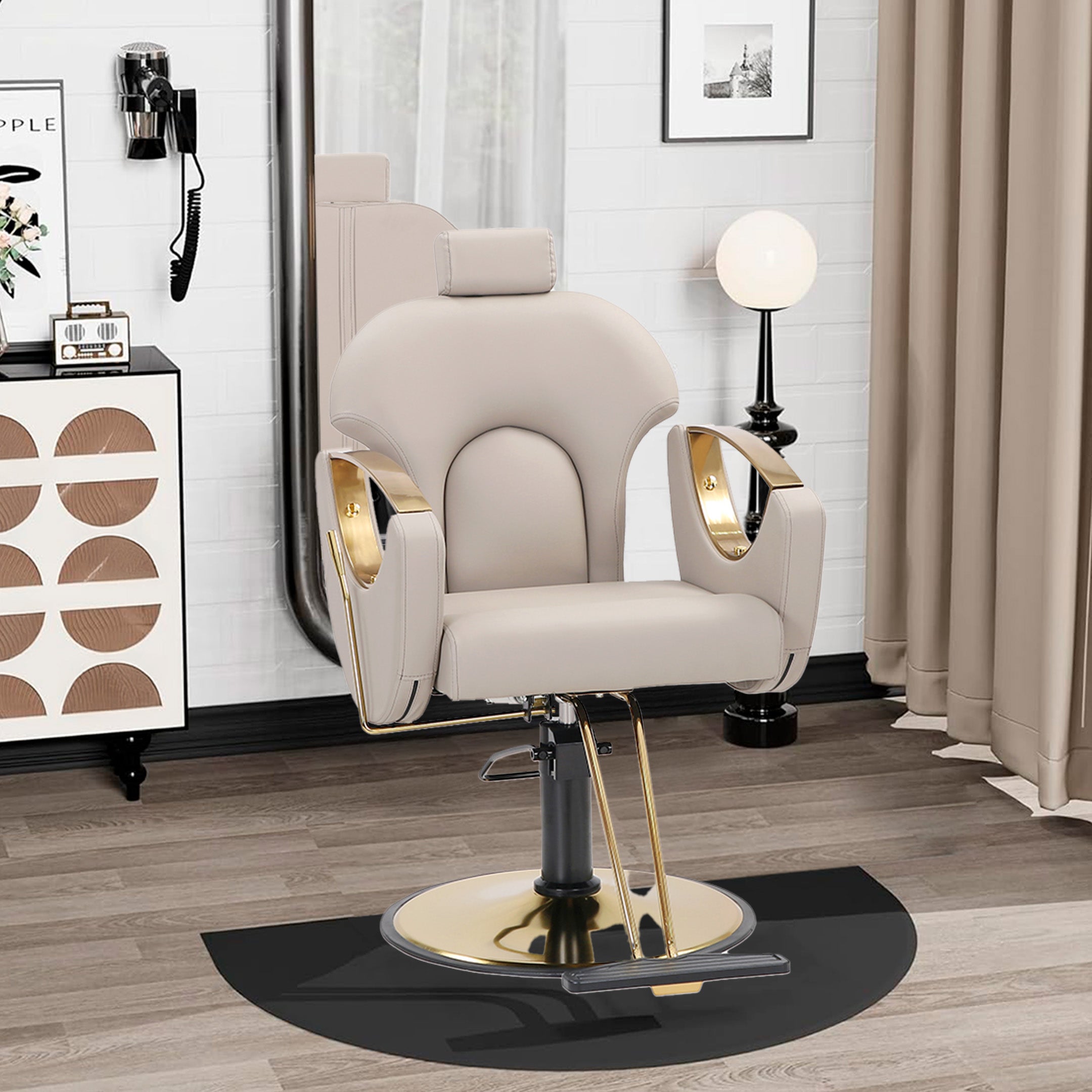 Sillón de Barberia Profesional Ferrara Beige - Reclinable 135°, Hidráulico y Base Dorada Premium