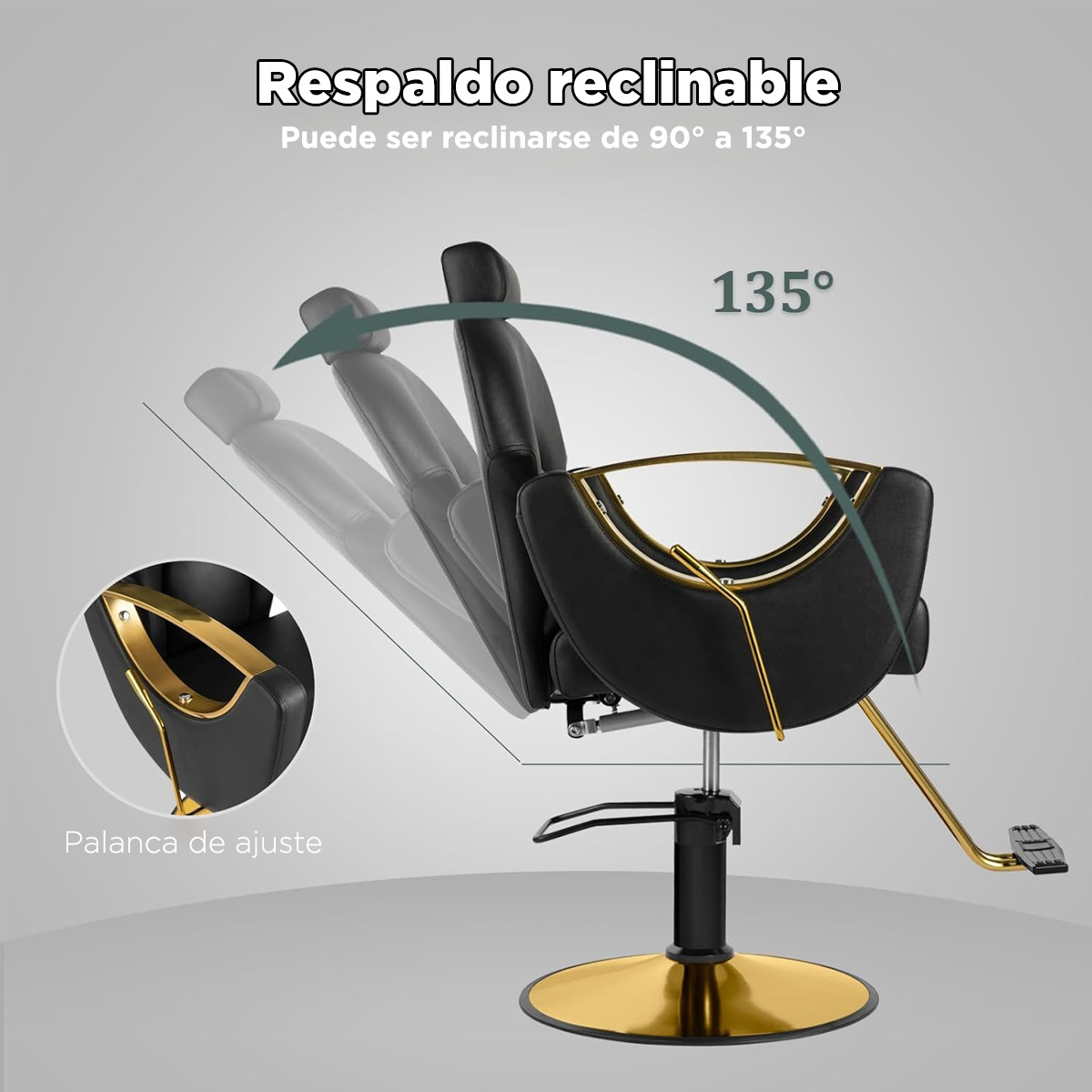 Sillón de Barberia Profesional Ferrara Negro - Reclinable 135°, Hidráulico y Base Dorada Premium