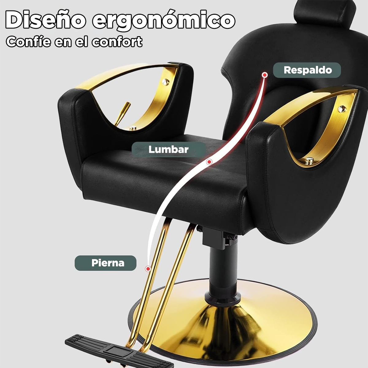 Sillón de Barberia Profesional Ferrara Negro - Reclinable 135°, Hidráulico y Base Dorada Premium