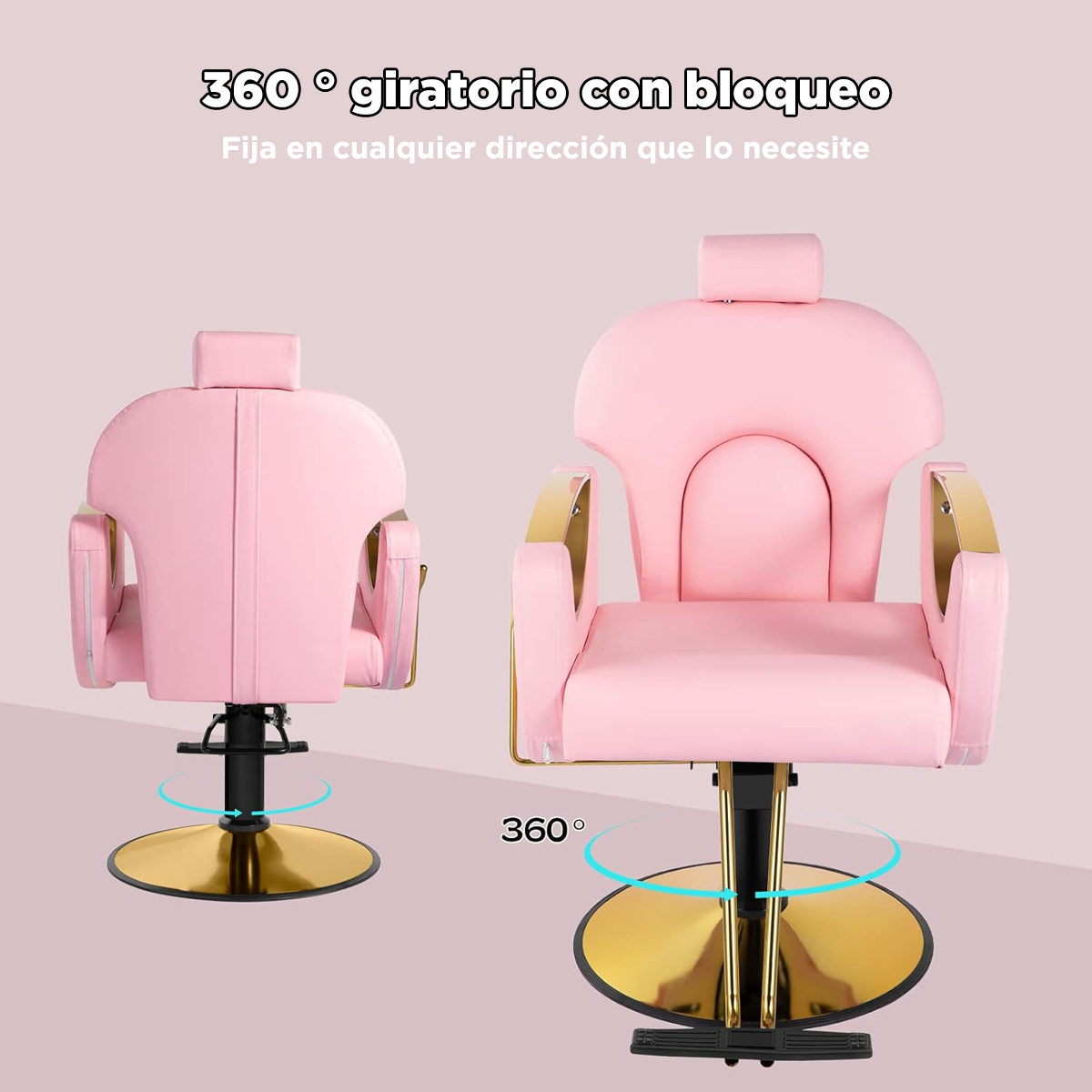 Sillón de Barberia Profesional Ferrara Rosa - Reclinable 135°, Hidráulico y Base Dorada Premium