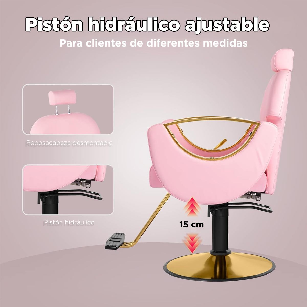 Sillón de Barberia Profesional Ferrara Rosa - Reclinable 135°, Hidráulico y Base Dorada Premium