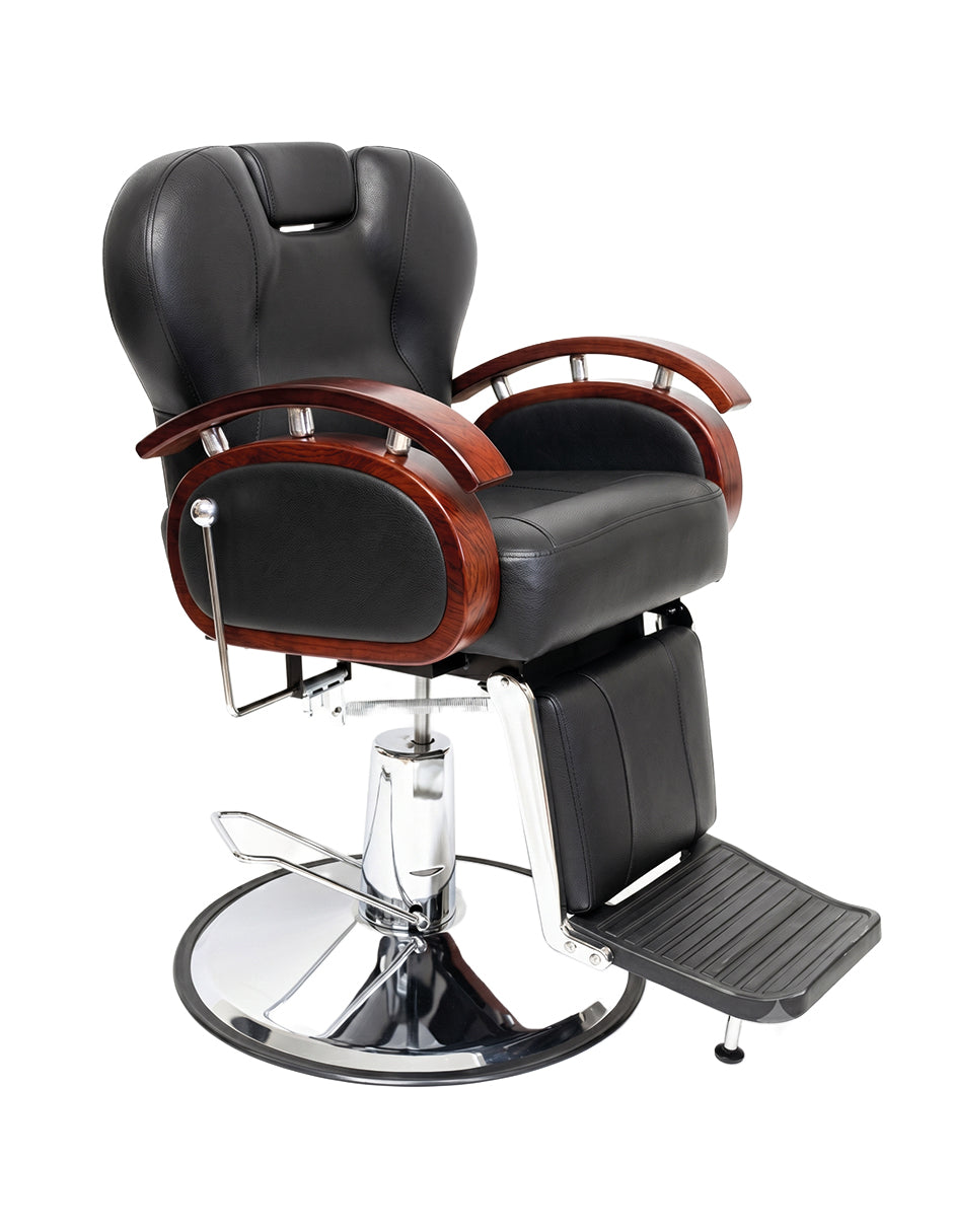 Sillón de Barbería Turín Hidráulico y Reclinable de Vinipiel con Base Antiderrapante y Acabados Tipo Madera